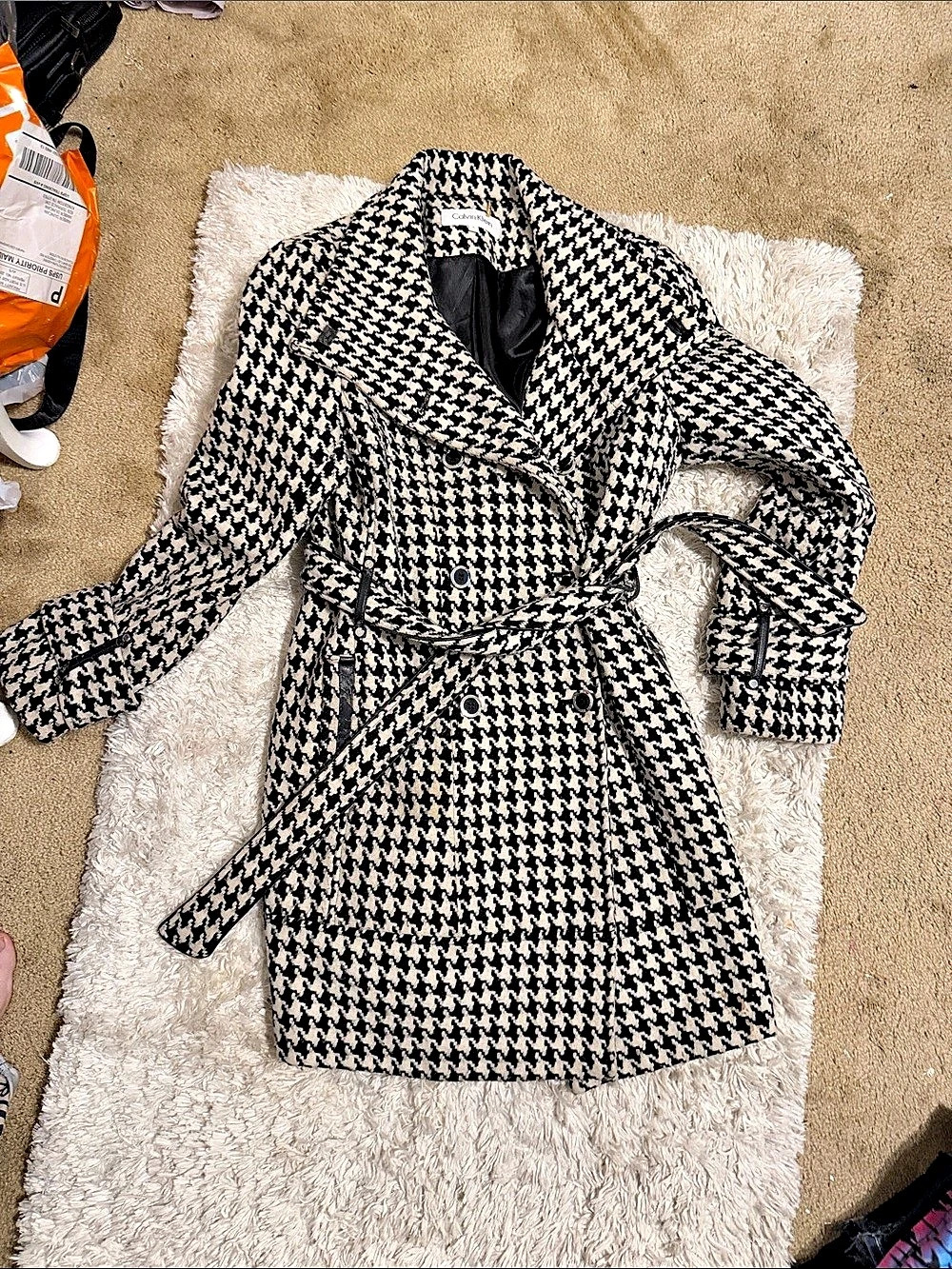 Calvin Klein Houndstooth Trench Coat in Black & White Size Small